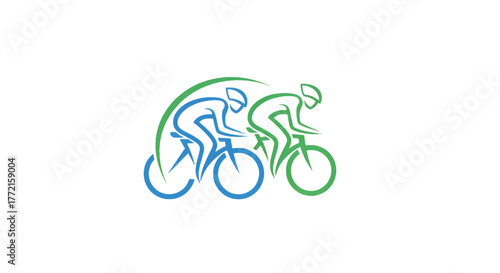 Two stylized cyclists blue and green, lean forward in motion beneath a sweeping emerald arc. swift