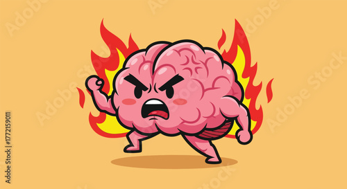Cartoon brain character with angry expression and flames