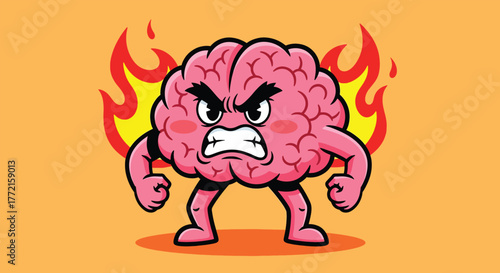 Cartoon Brain Character with Angry Expression and Flames.