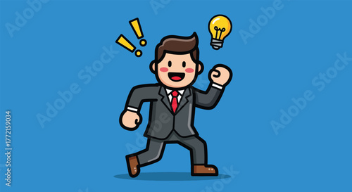 Cartoon businessman celebrating a brilliant idea with a lightbulb above his head.