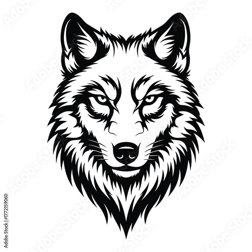 Detailed illustration of a wolf head isolated on white background, showcasing its piercing eyes, thick fur, and majestic presence in a minimalist style