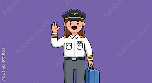 Cartoon female pilot in uniform waving and holding a suitcase.