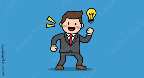 Cheerful Businessman Celebrating a Bright Idea with a Lightbulb.