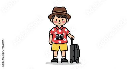 Cheerful cartoon boy dressed as a tourist with a suitcase and camera.