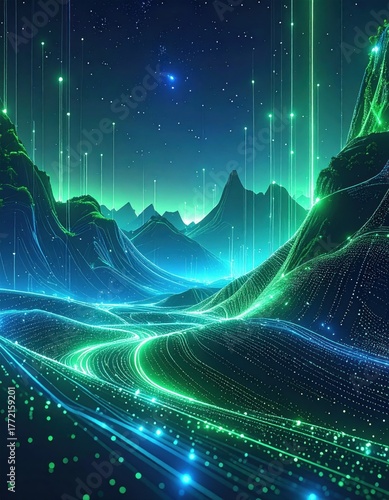 Digital landscape with glowing lines, mountains, and celestial stars