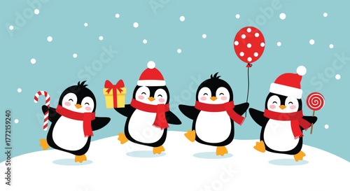Four cute cartoon penguins celebrating Christmas with gifts and candy canes.