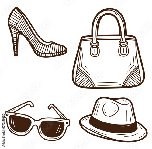Vector illustration of fashion accessories featuring a high heel shoe handbag sunglasses and fedora hat