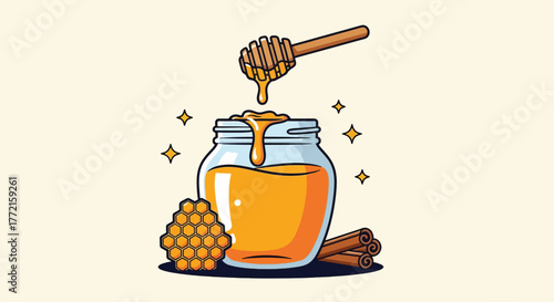 Golden Honey Dripping from Dipper into Jar with Honeycomb and Cinnamon Sticks.