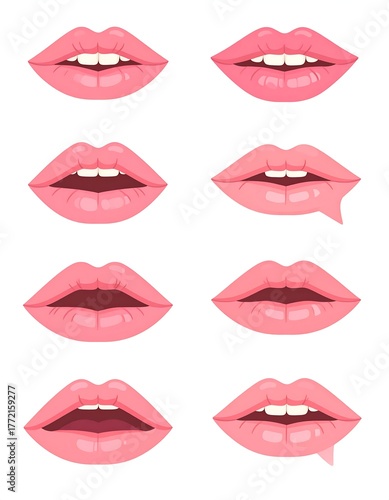 Eight vector illustrations of various styles of feminine lips