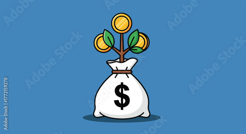 Money Bag with Growing Coins and Leaves Symbolizing Financial Growth.