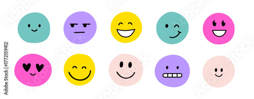 Face smile emoji doodle icon sticker set. Cute kid doodle hand drawn style funny face emoji smile, happy, sad sticker. Funny cartoon emoticon heart, star, flower shape with eyes. Vector illustration