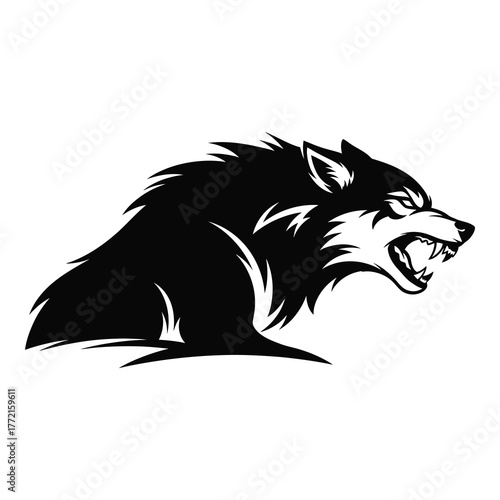 A fierce wolf in black and white, its teeth bared in a snarl, isolated on a pristine white background, conveying a sense of untamed power and aggression
