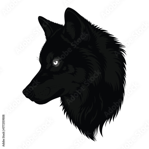 Illustration of a black wolf head with glowing eyes isolated on white background, showcasing its fierce and captivating gaze in a minimalist style