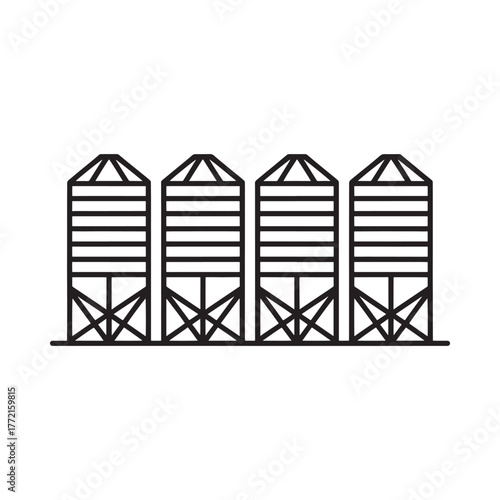 Simple line art illustration of four grain silos in a row