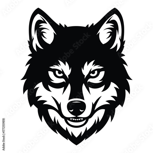A fierce black wolf head, facing forward with piercing eyes and sharp teeth, isolated on white background, perfect for bold designs and logos