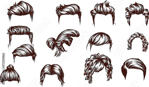 Assortment of Stylized Hand Drawn Hair Illustrations for Men and Women hairstyle drawing