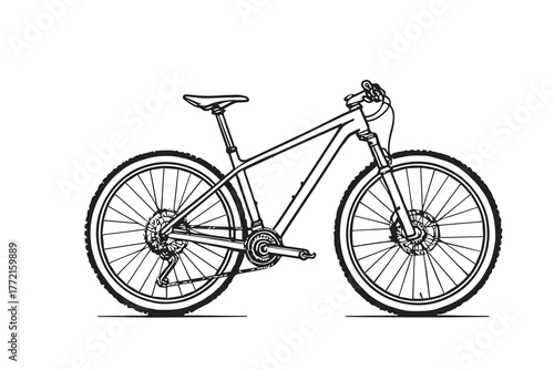 Minimalist vector of a cross country bike, drawn in elegant black and white lines, highlighting endurance design, lightweight frame, and adventurous off road cycling inspiration.