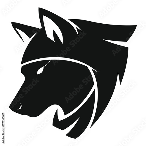 Bold wolf head logo design isolated on white background, showcasing a modern and minimalist style with sharp lines and a strong, fierce expression