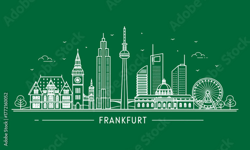 Frankfurt Skyline Sketch with Cultural Touch for Tourism – Hand Drawn Line Art Featuring Römer, Main Tower, and Alte Oper for Travel Posters and Wall Decor