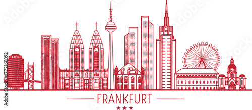 Frankfurt Skyline Sketch with Cultural Touch for Tourism – Hand Drawn Line Art Featuring Römer, Main Tower, and Alte Oper for Travel Posters and Wall Decor