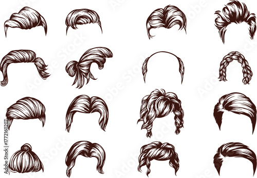 Collection of various brown hair styles and wigs on a white background hairstyle