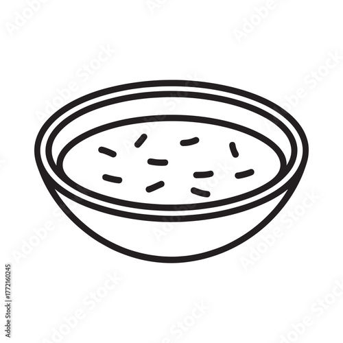 Simple line drawing of a bowl of soup with grains