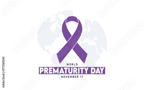 World Prematurity Day Poster – Purple Ribbon with Global Map Background for November 17 Awareness Campaign
