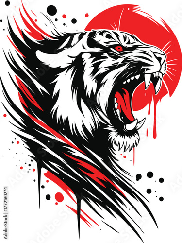 Fierce Tiger Head with Red Sun and Dynamic Splatter Design roaring wild animal