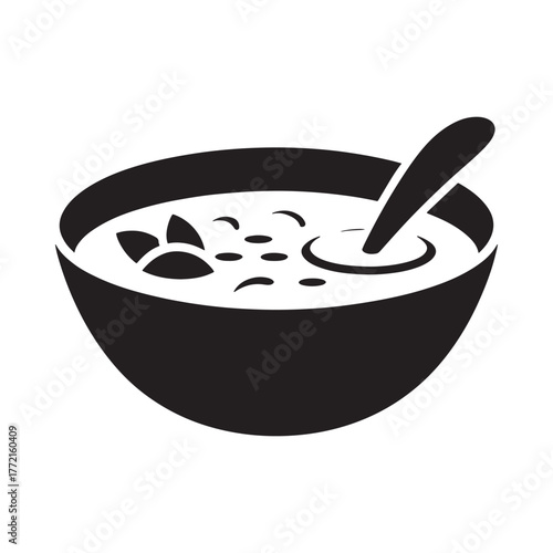 Simple black silhouette of a bowl of soup with a spoon