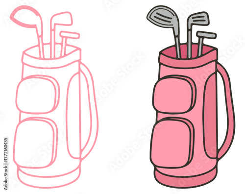 Golf bag icon set. Editable vector pack with outline and colored club illustrations. EPS sports equipment drawing
