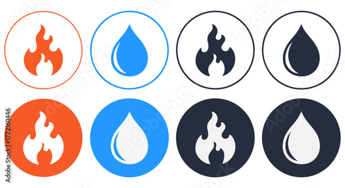 Fire and water icon set. Editable vector pack with flame and droplet symbols in multiple styles. EPS elemental illustration
