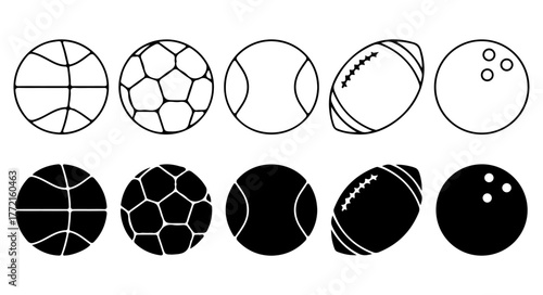 Sports ball icon set. Outline and silhouette vector illustration. EPS athletic symbol pack