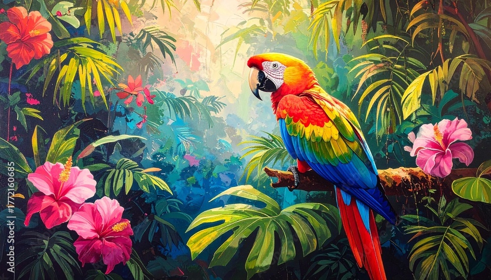 Obraz premium Vibrant Macaw Perched Amidst Tropical Jungle