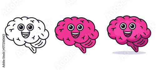 Smiling brain icon set. Editable vector pack with cartoon face and pink anatomy. EPS mental health illustration