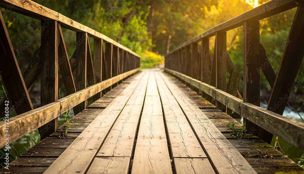 Obraz premium A wooden bridge, bathed in sunlight, stretches over a flowing stream, leading into a vibrant, green forest. The scene evokes tranquility