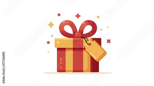 Festive Red and Gold Gift Box with Tag on White Background