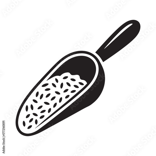 Black and white illustration of a scoop filled with rice grains