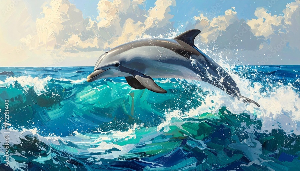 Fototapeta premium Dolphin leaping through ocean waves painting