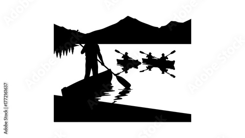 Kayakers silhouette with mountain and forest scene