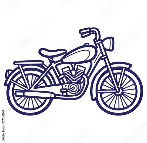 Blue outline illustration of a classic motorcycle featuring detailed engine and wheels