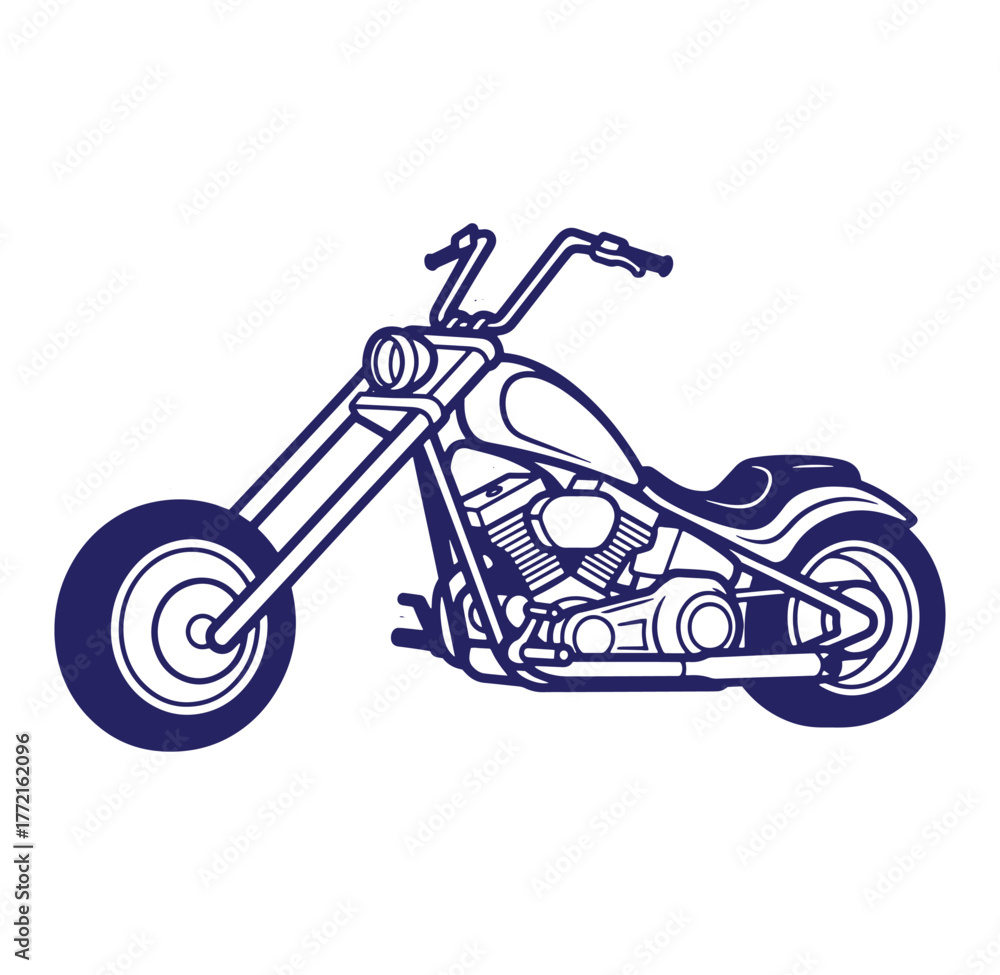 Obraz premium Clean blue line art illustration of a classic chopper motorcycle on white background