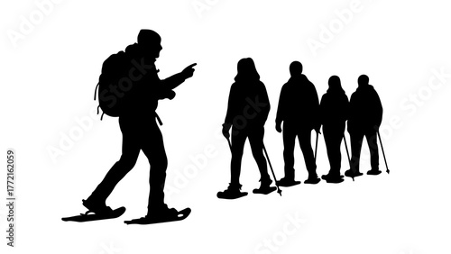 Snowshoeing group with leader with transparent background