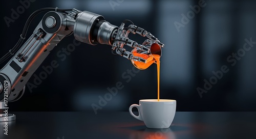 A futuristic robot arm delicately pours orange liquid into a pristine white cup