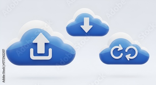 Blue and white cloud computing icons representing upload download and synchronize