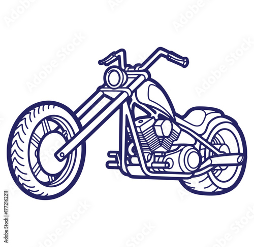 Detailed outline illustration of a custom chopper motorcycle featuring strong line art style