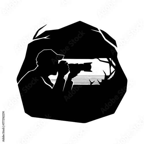 Photographer under rock shelter with transparent background