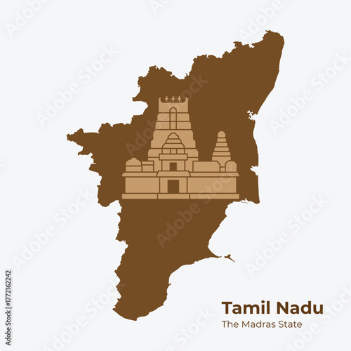 Minimal 2D Flat vector map of Tamil Nadu with a traditional South Indian temple architecture