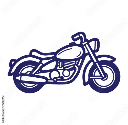 Detailed vector illustration of a classic motorcycle in dark blue color outlined silhouette