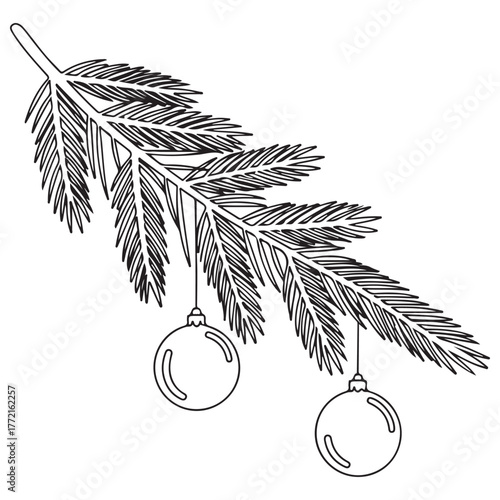 Black Line Art Christmas Fir Branch with Hanging Holiday Ornaments