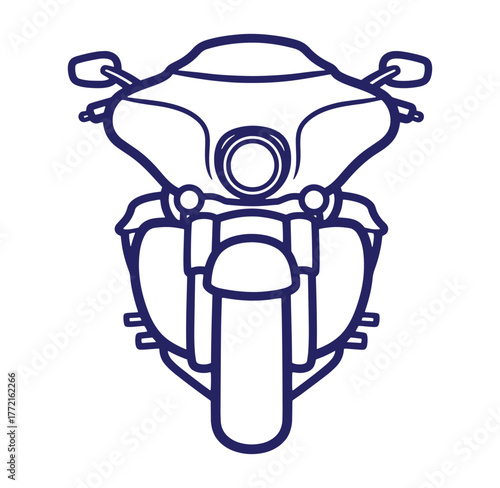 Front view detailed line art illustration of a powerful touring motorcycle with distinct features.
